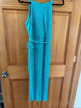 New York & Company Turquoise Pleated Midi Dress with Self-Tie Waist